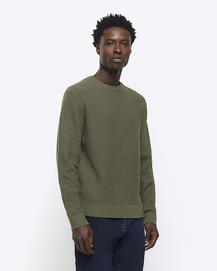 Khaki slim fit waffle texture jumper | River Island