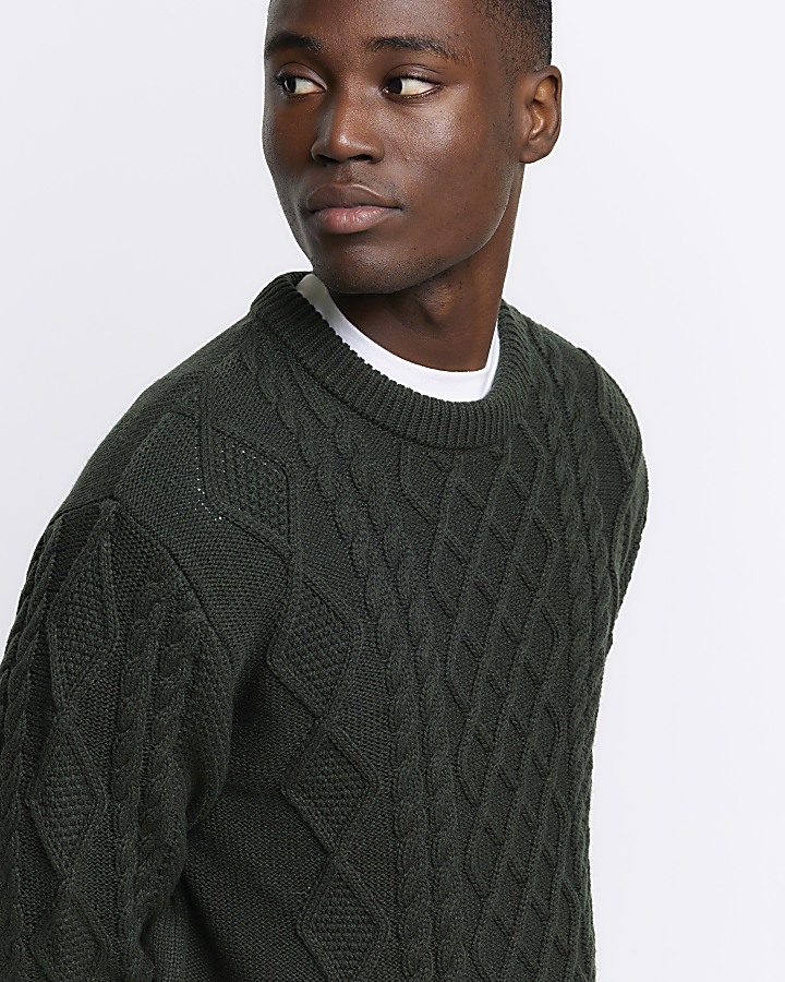 Green Slim Fit Cable Knit Jumper | River Island