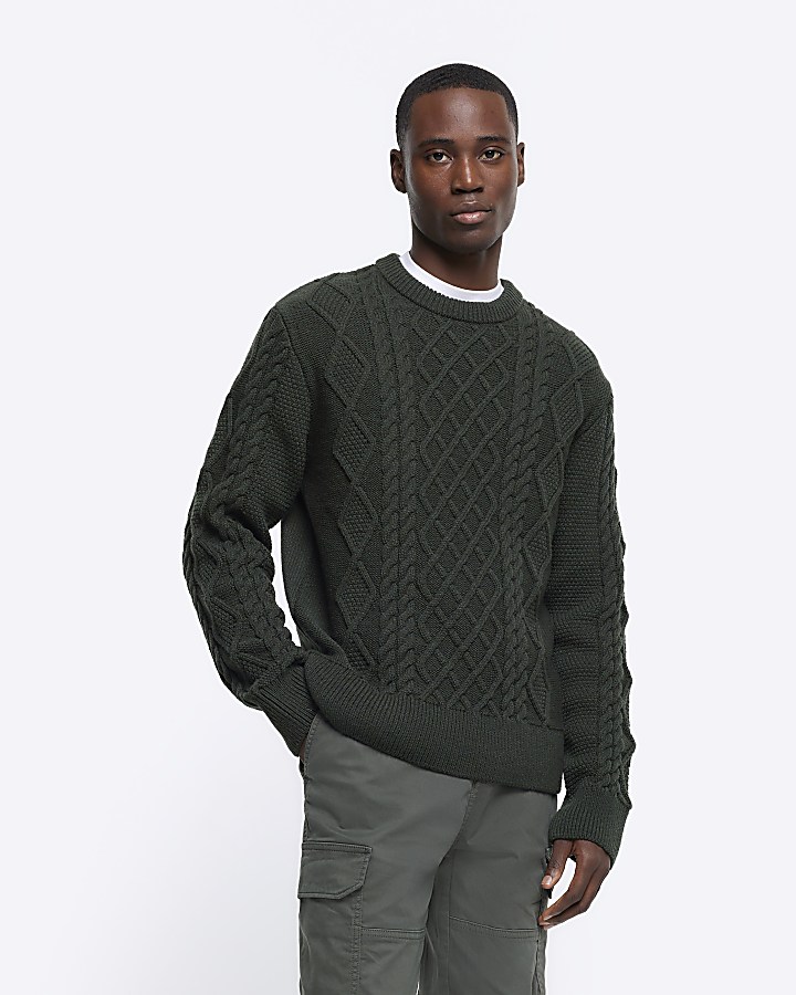 Green Slim Fit Cable Knit Jumper