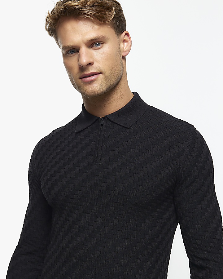 Black muscle fit zig zag knit polo | River Island