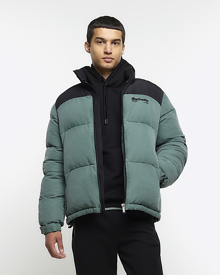 Washed Green Regular Fit Puffer Jacket | River Island