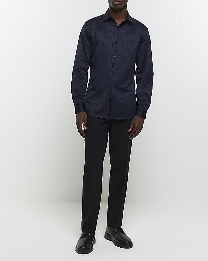 Navy slim fit sateen check smart shirt River Island