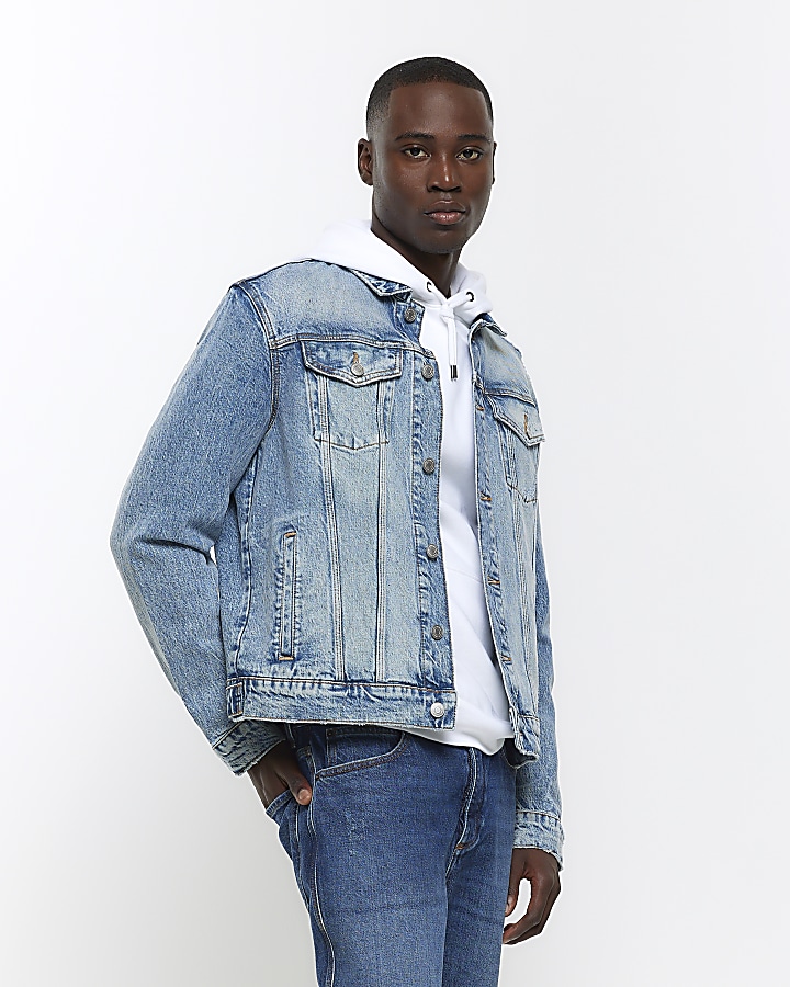 Blue regular fit button up denim jacket | River Island