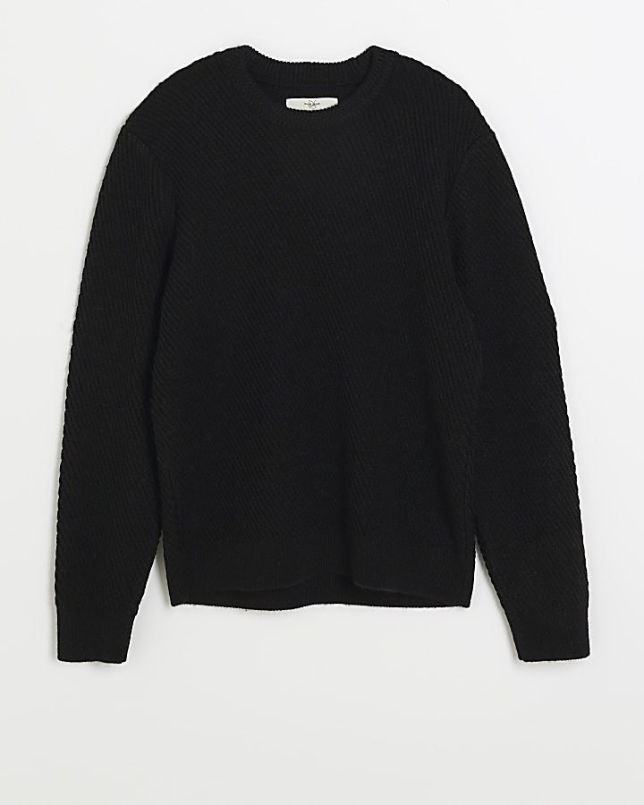 Black regular fit diagonal stitch jumper