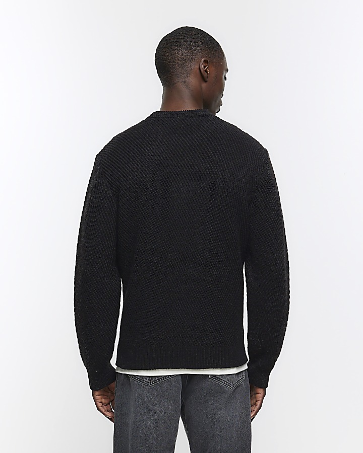 Black regular fit diagonal stitch jumper