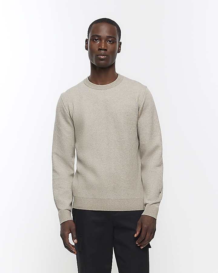 Stone slim fit crew neck jumper River Island