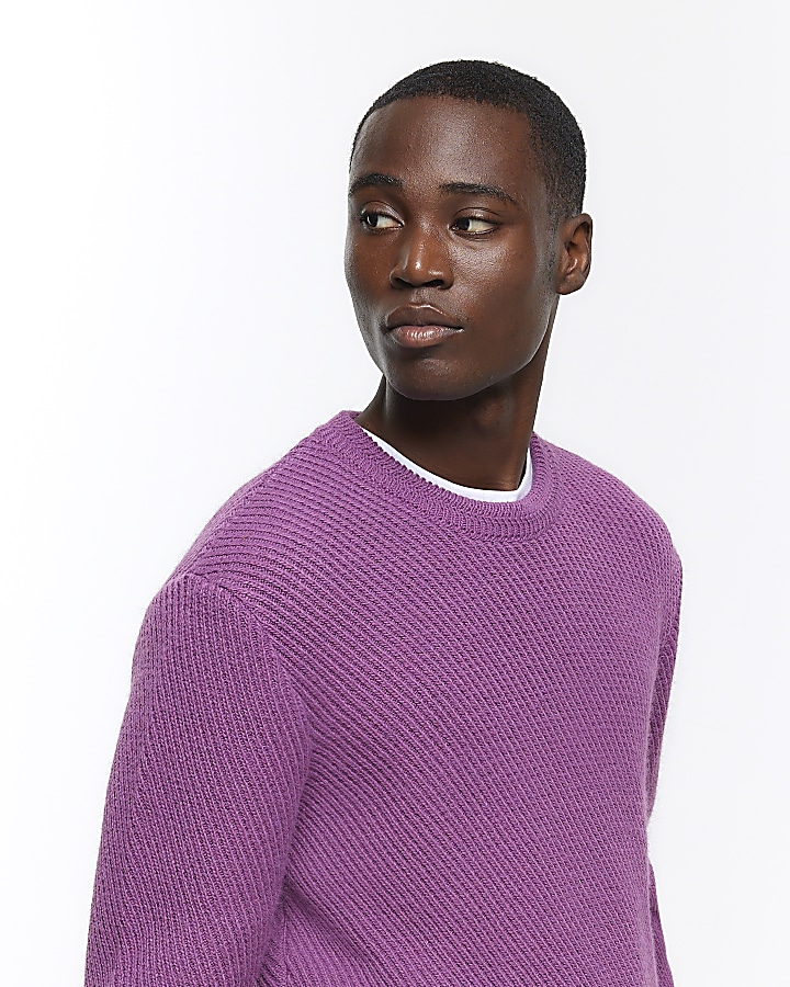 Purple regular fit diagonal stitch jumper