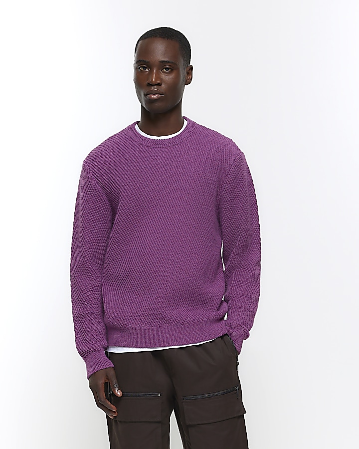 Purple regular fit diagonal stitch jumper