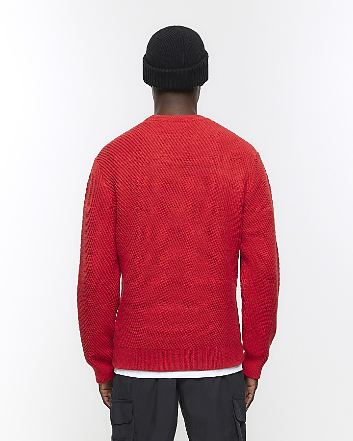 Red regular fit diagonal stitch jumper