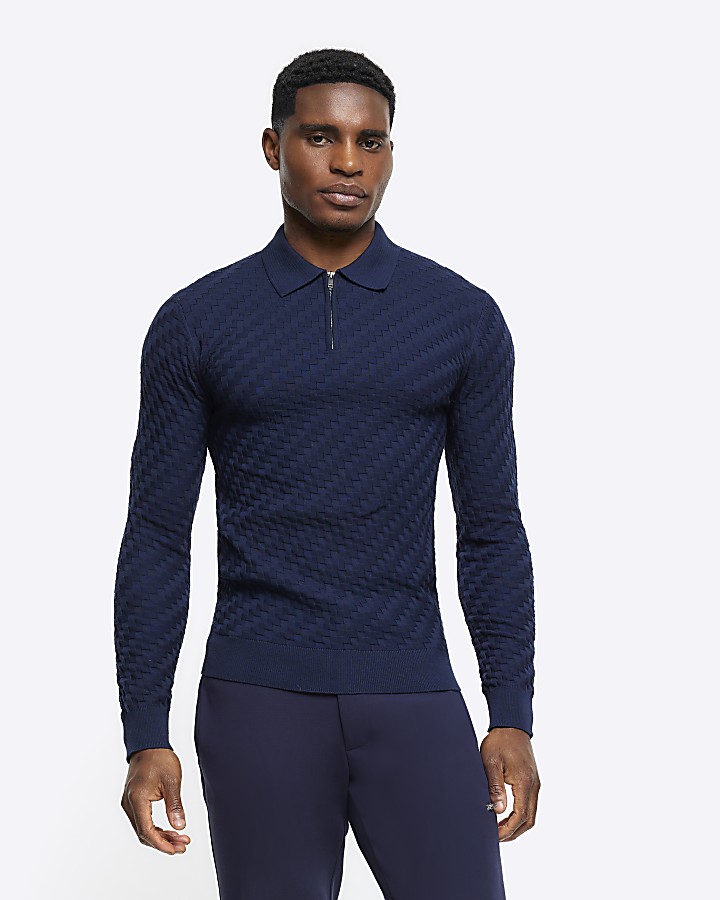 Navy muscle fit zig zag knit polo
