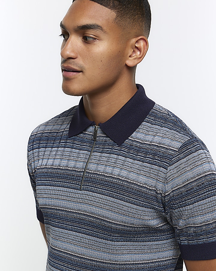 Navy slim fit knitted stripe polo
