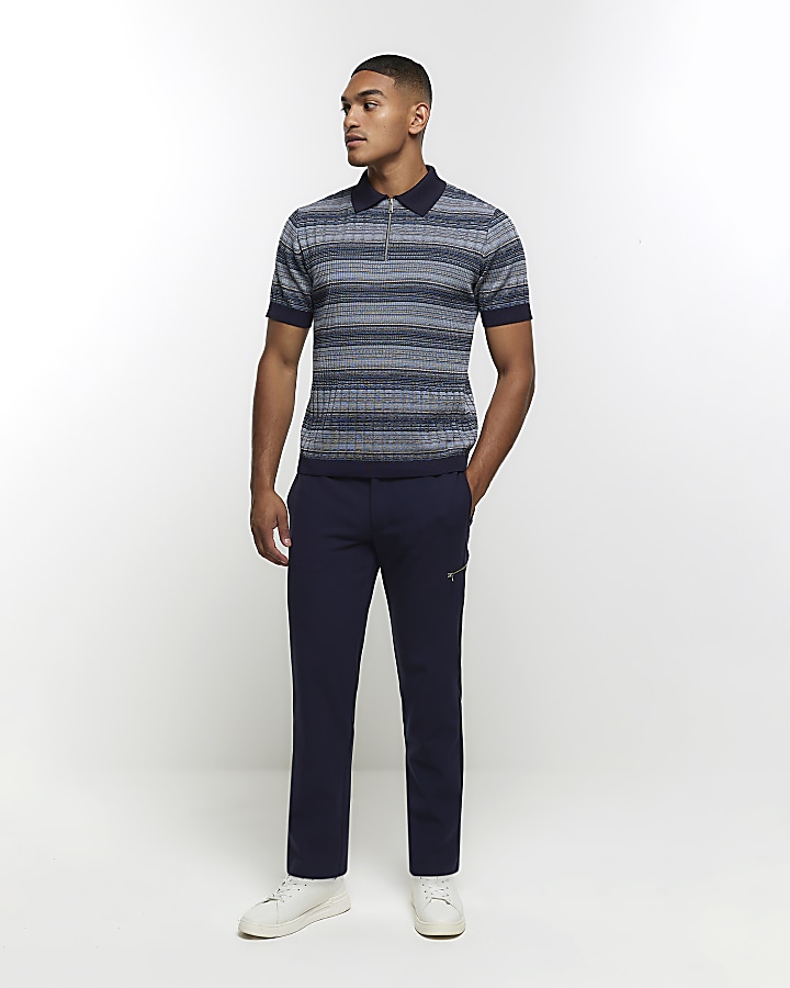 Navy slim fit knitted stripe polo | River Island