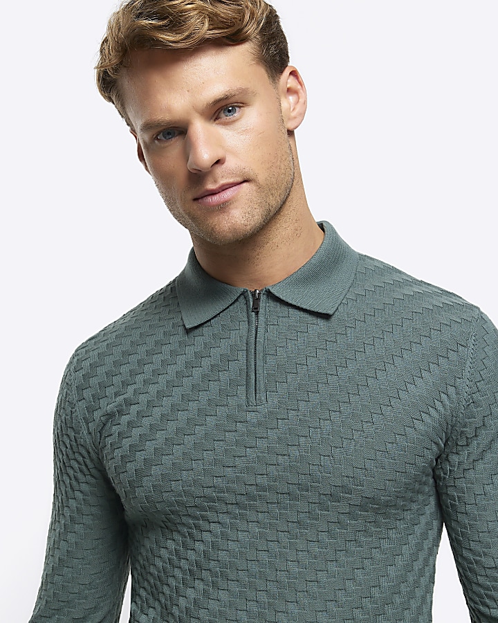 Green muscle fit zig zag knit polo
