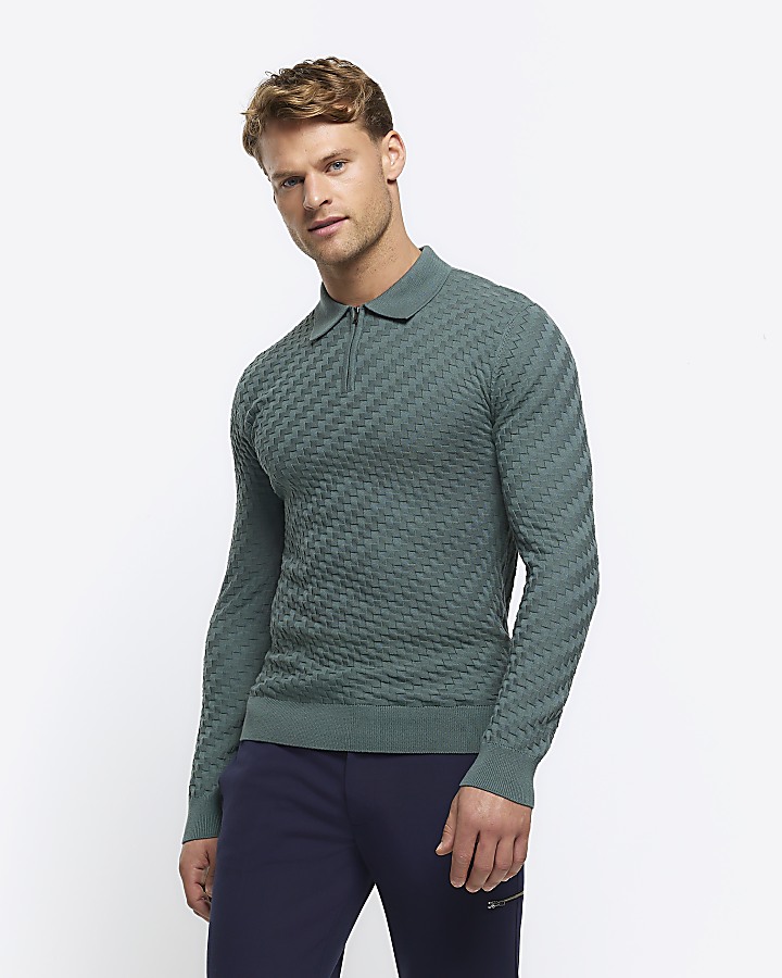 Green muscle fit zig zag knit polo