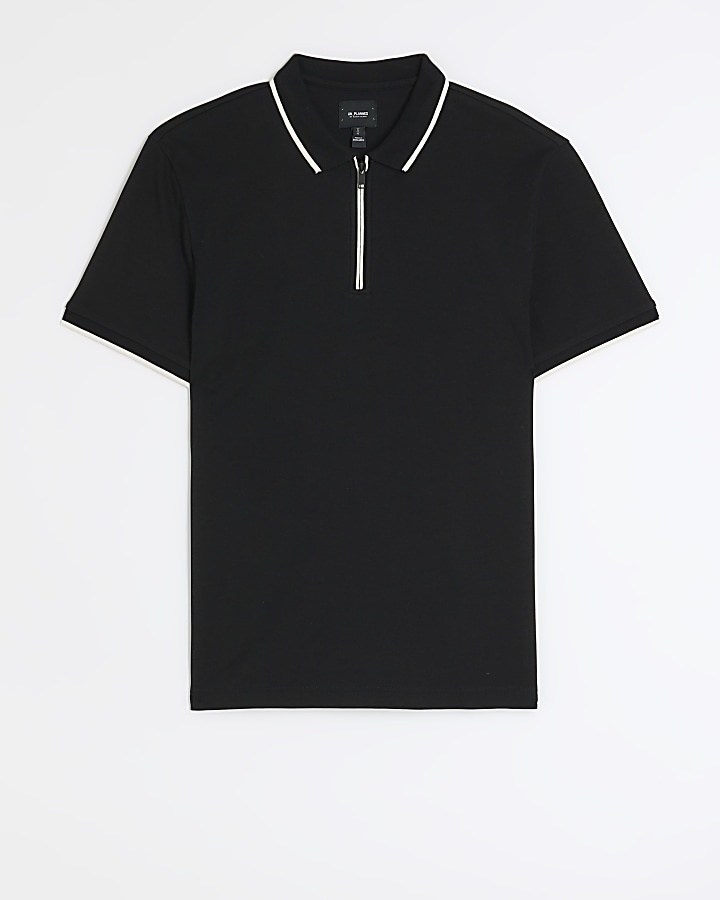 Black slim fit taped collar polo
