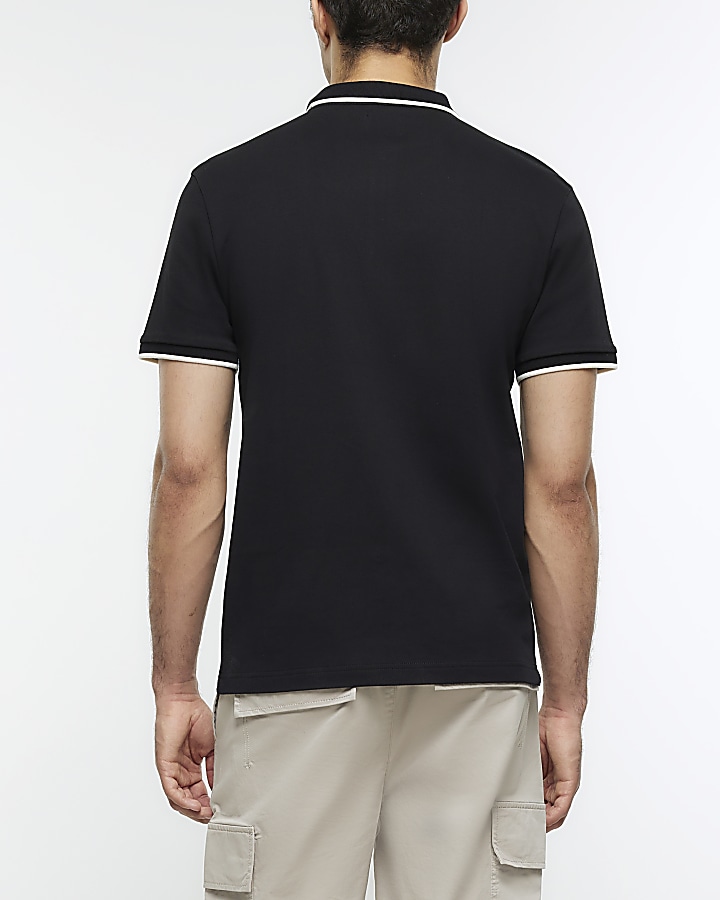 Black slim fit taped collar polo