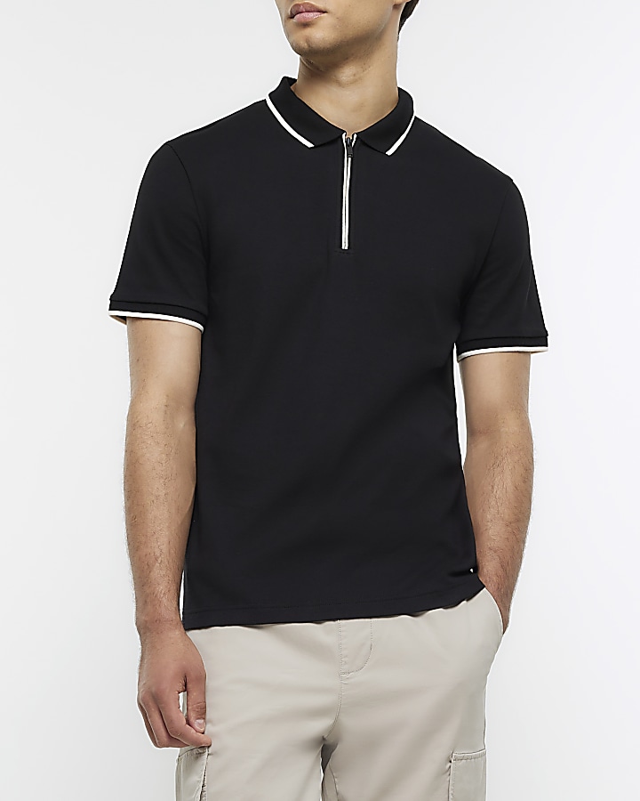 Black slim fit taped collar polo