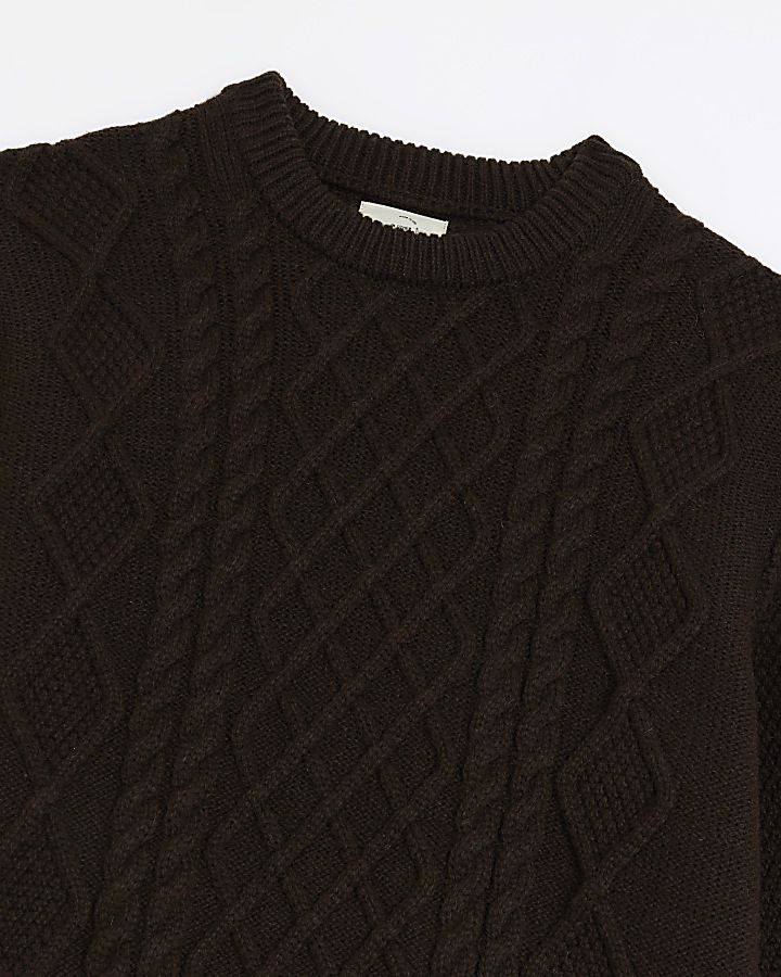 Brown slim fit cable knit jumper