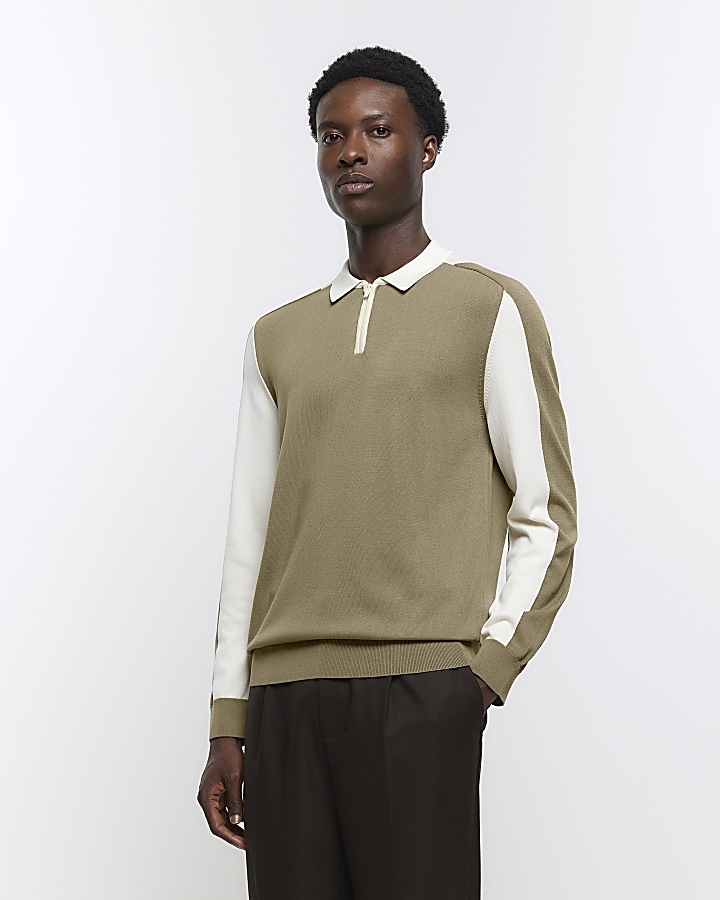 Green slim fit knitted colour block polo | River Island