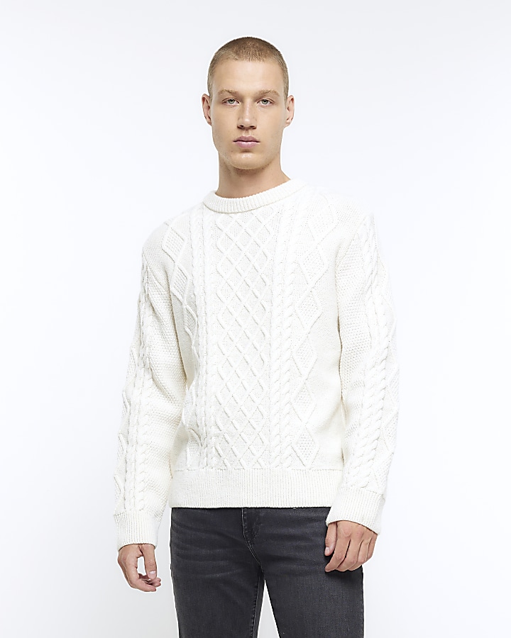 Ecru slim fit cable knit jumper | River Island