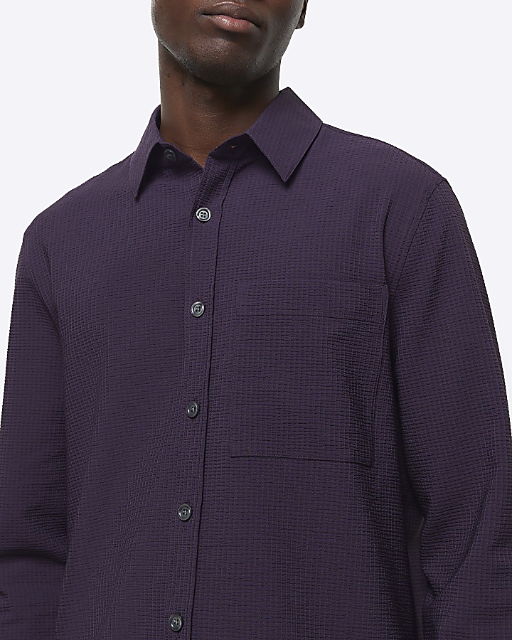 Purple regular fit seersucker shirt