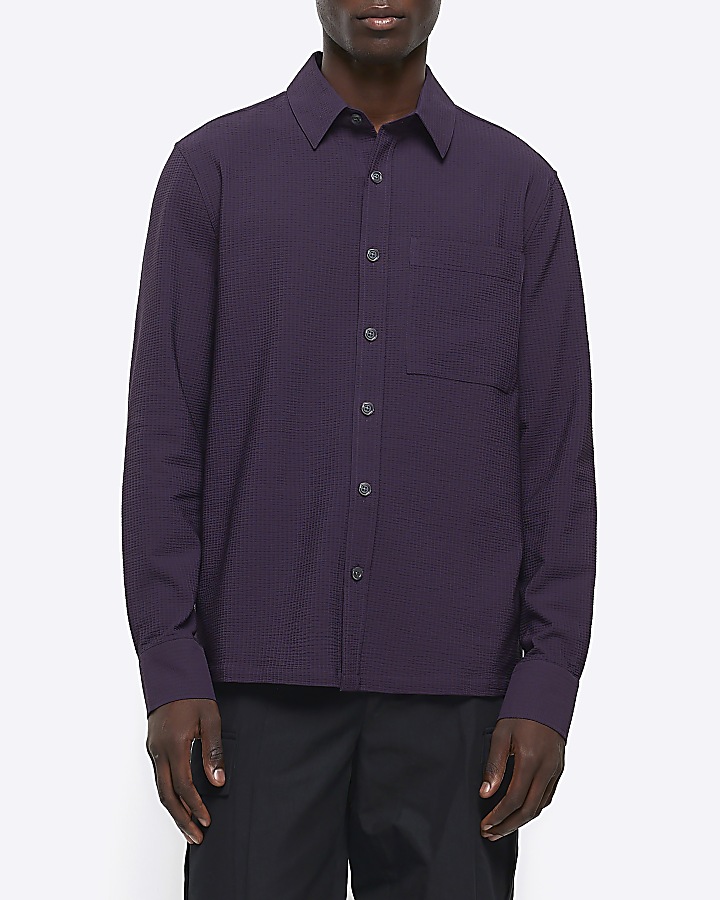Purple regular fit seersucker shirt