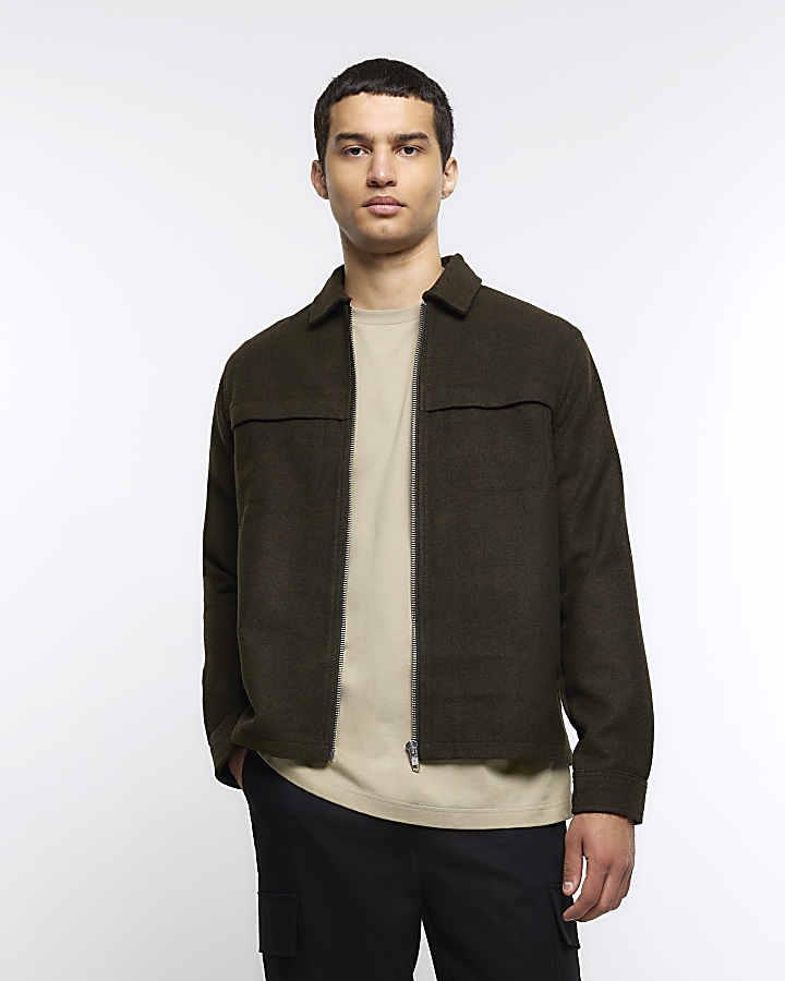 Khaki regular fit zip up overshirt | River Island