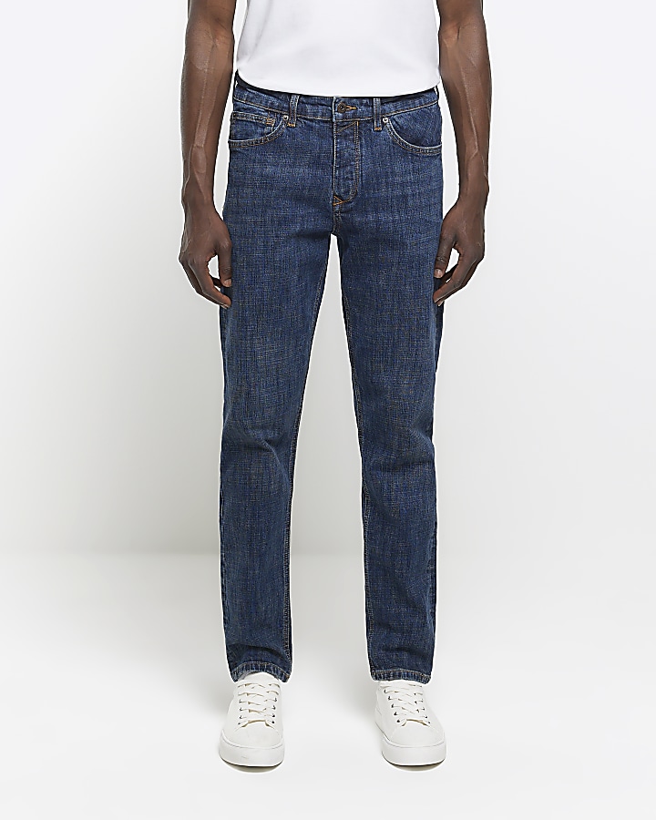 Blue slim fit cross hatch jeans River Island