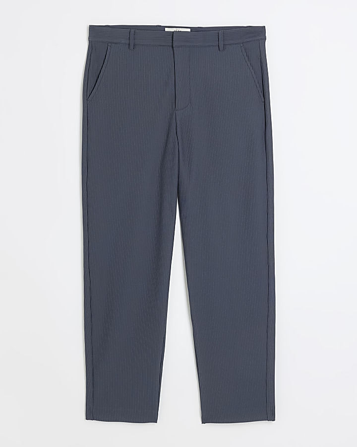 Blue tapered fit plisse smart trousers