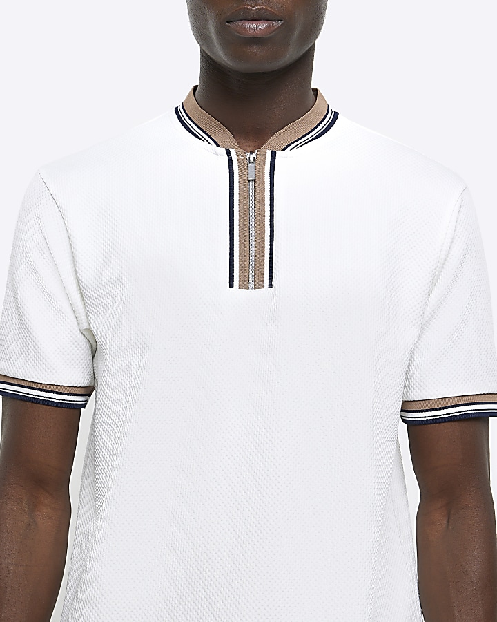 Ecru slim fit textured taped polo
