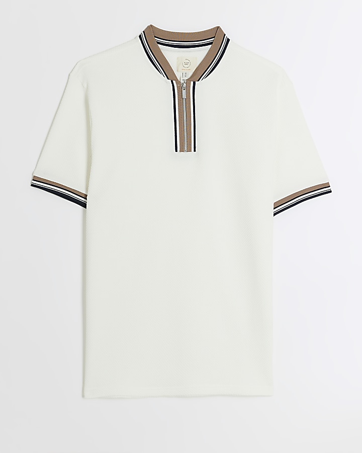 Beige slim fit textured taped polo