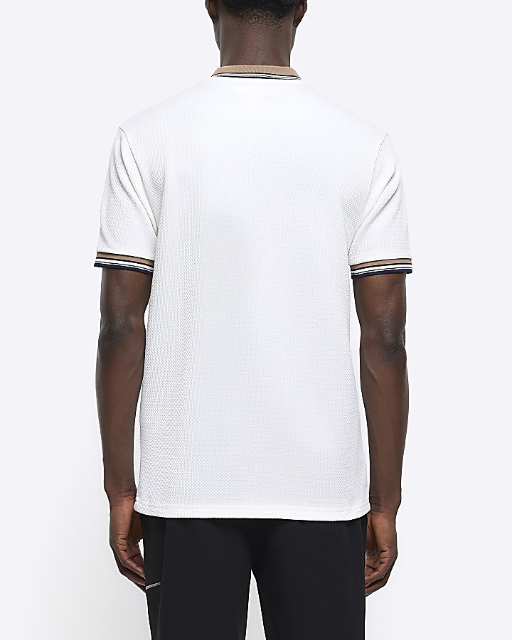 Ecru slim fit textured taped polo