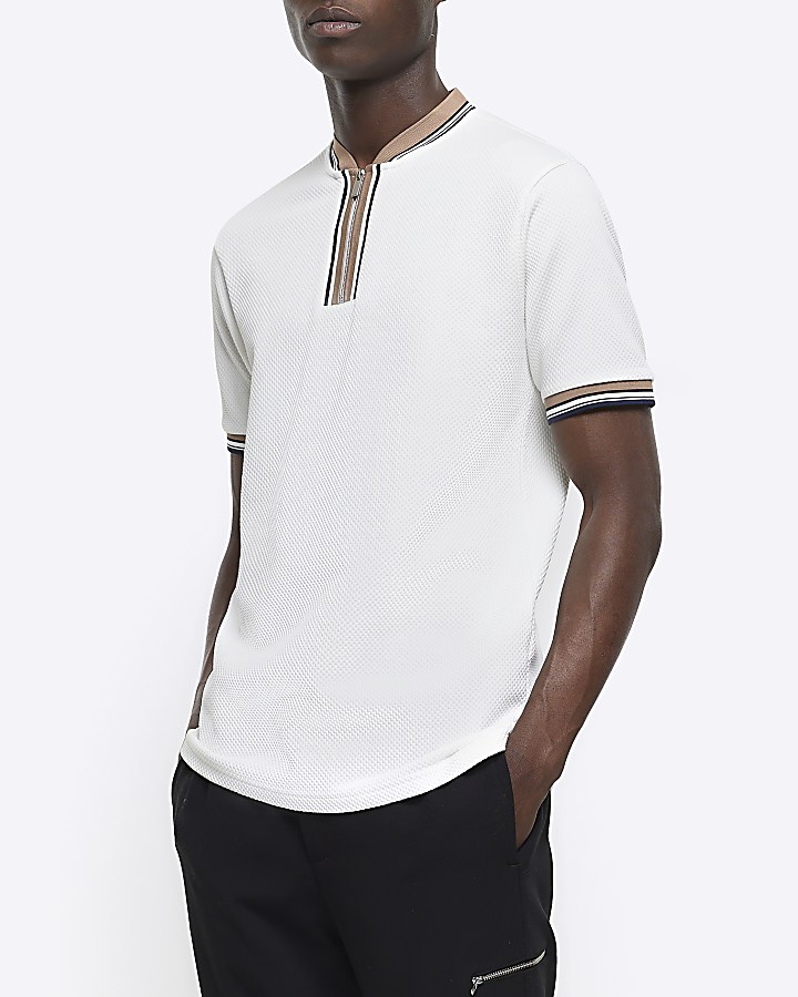 Beige slim fit textured taped polo