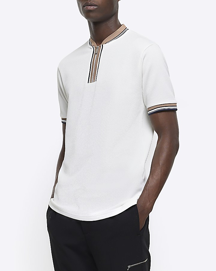 Ecru slim fit textured taped polo