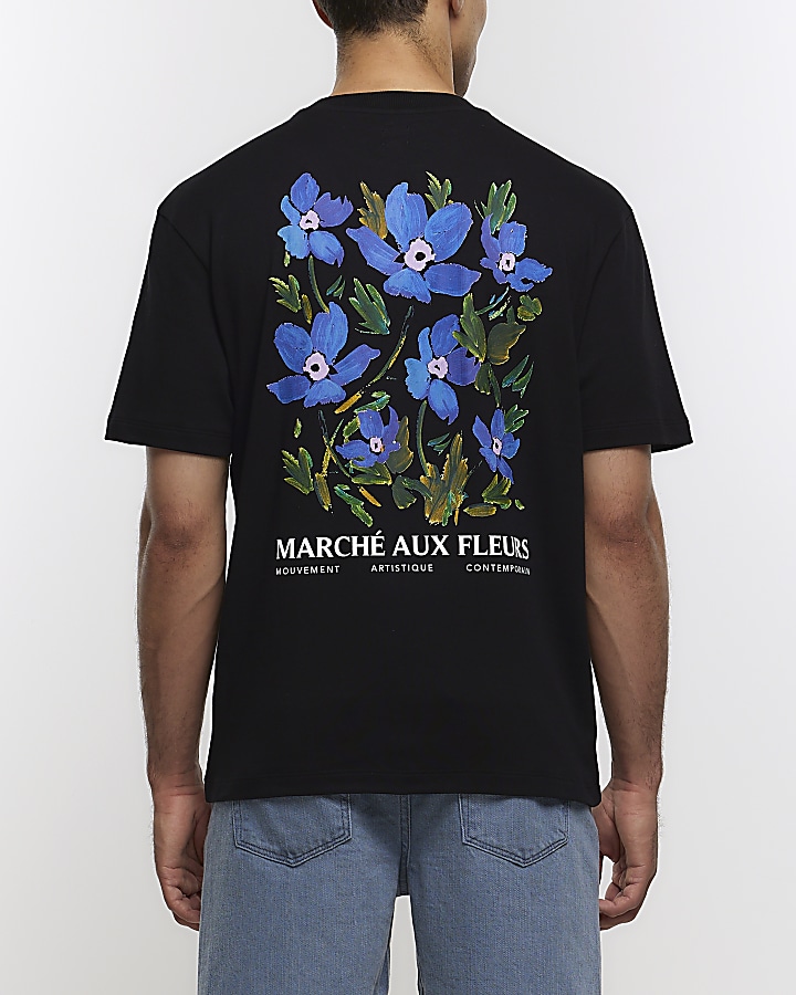 Black regular fit floral graphic t-shirt
