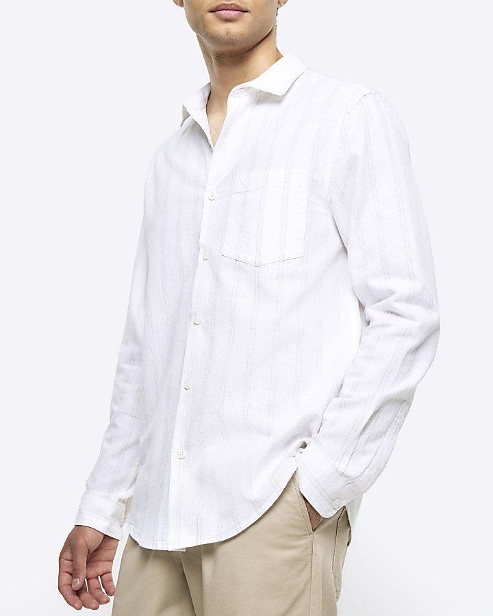 White regular fit striped linen blend shirt
