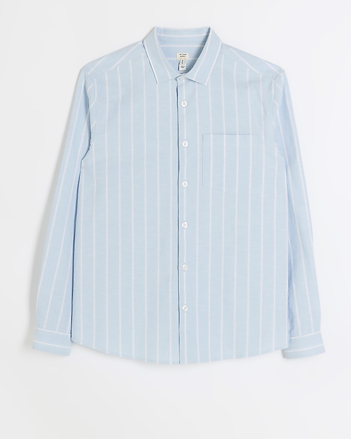 Blue regular fit striped linen blend shirt