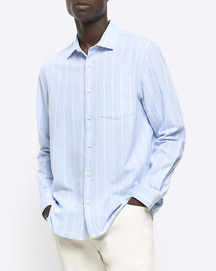 Blue regular fit striped linen blend shirt