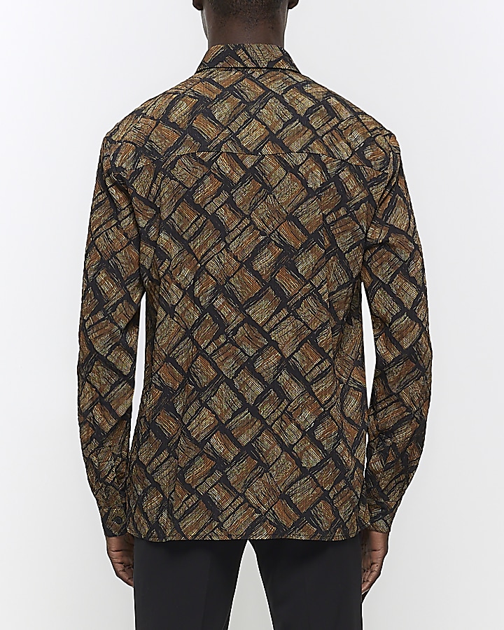 Brown regular fit brick texture shirt