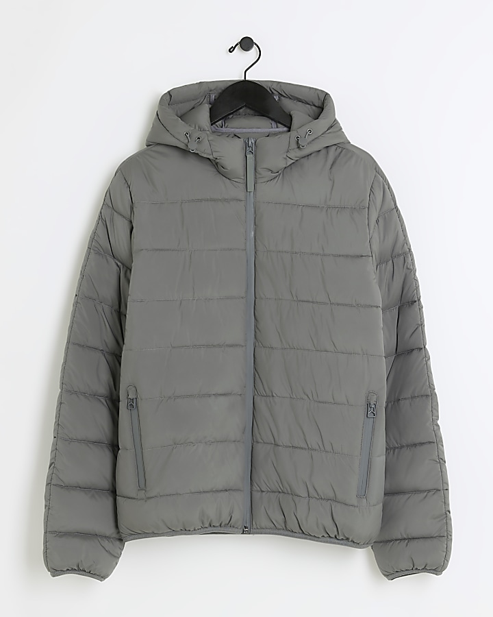 Grey regular fit hooded puffer jacket