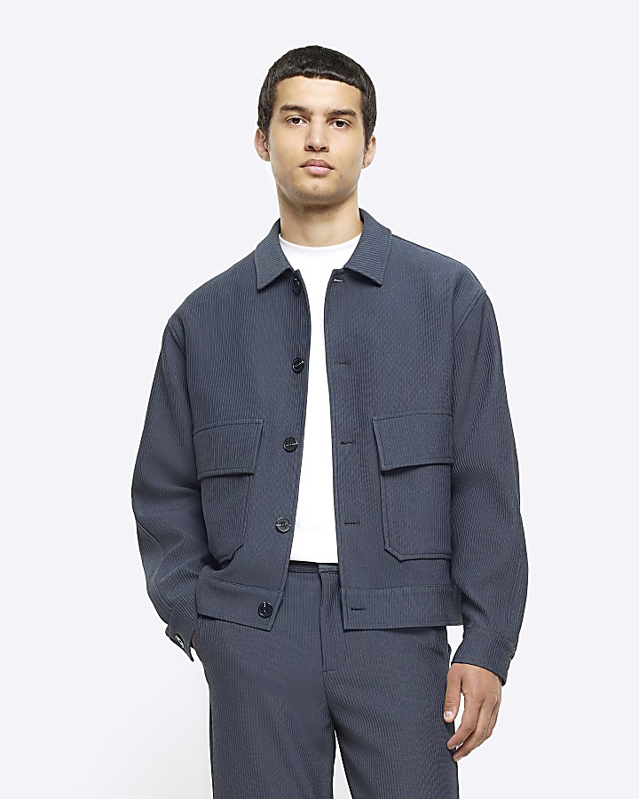 Blue regular fit plisse Harrington jacket