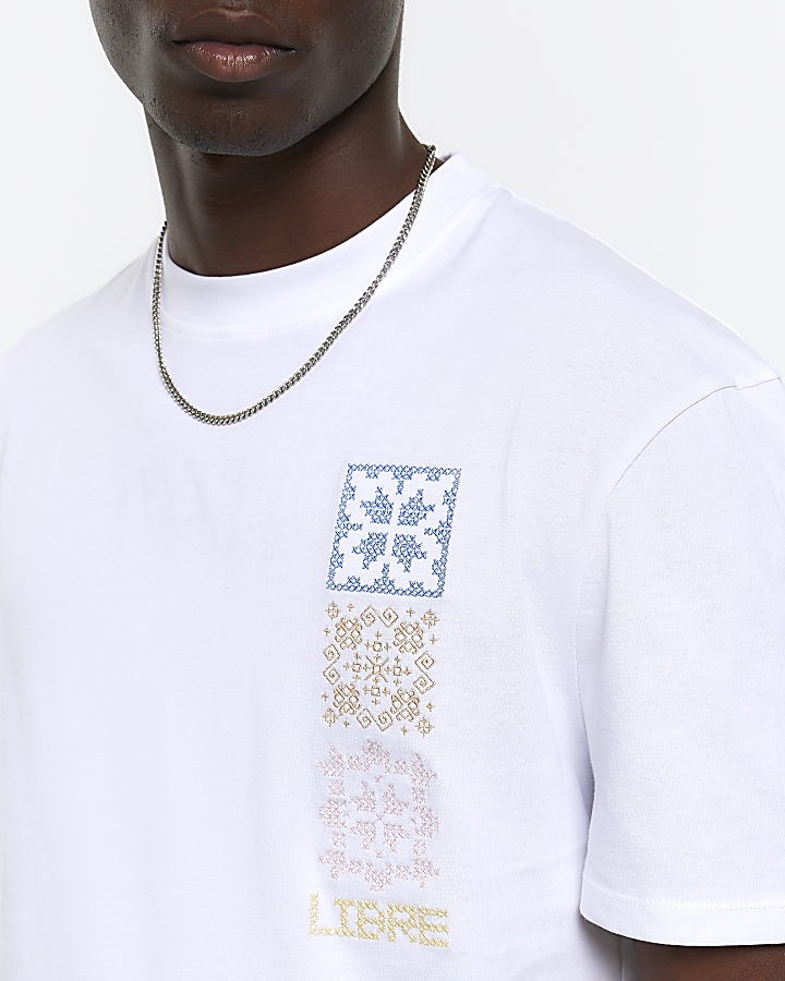 White regular fit cross stitch t-shirt
