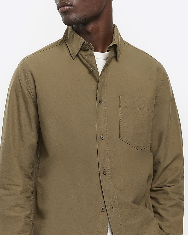 Khaki regular fit long sleeve oxford shirt