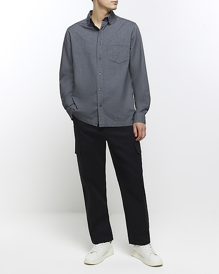 Grey regular fit long sleeve oxford shirt | River Island