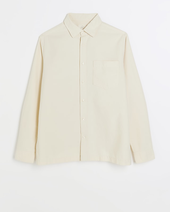 Ecru regular fit long sleeve oxford shirt | River Island
