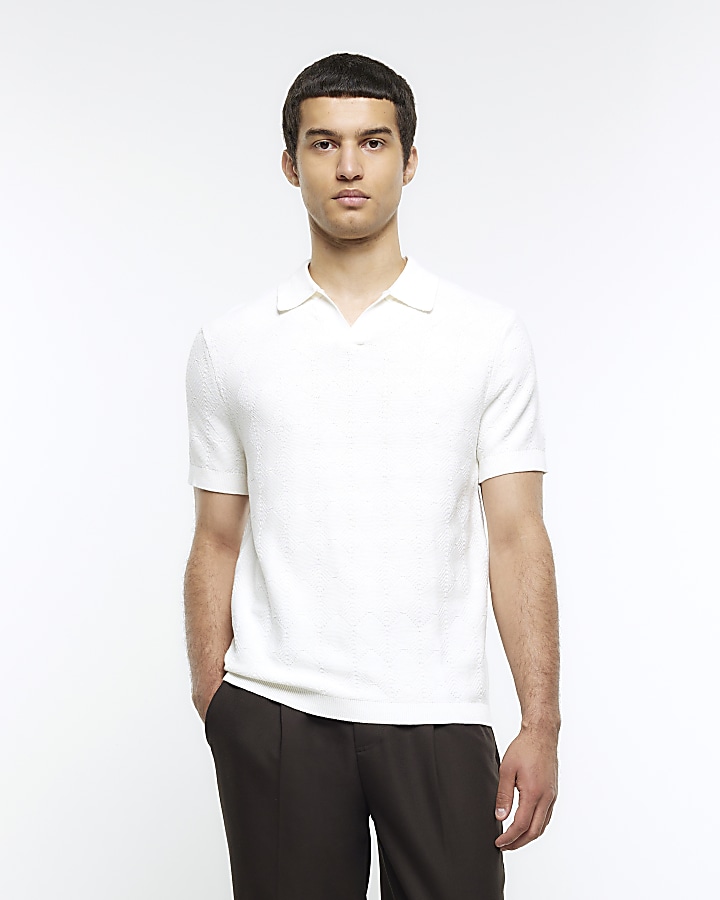 White slim textured open collar polo shirt | River Island