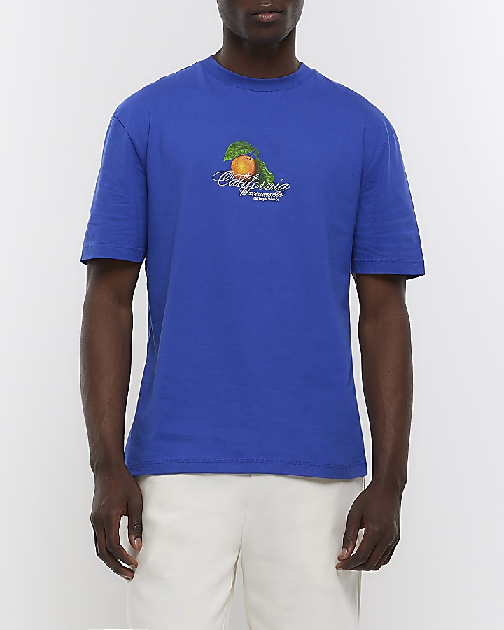 Blue regular fit orange print t-shirt