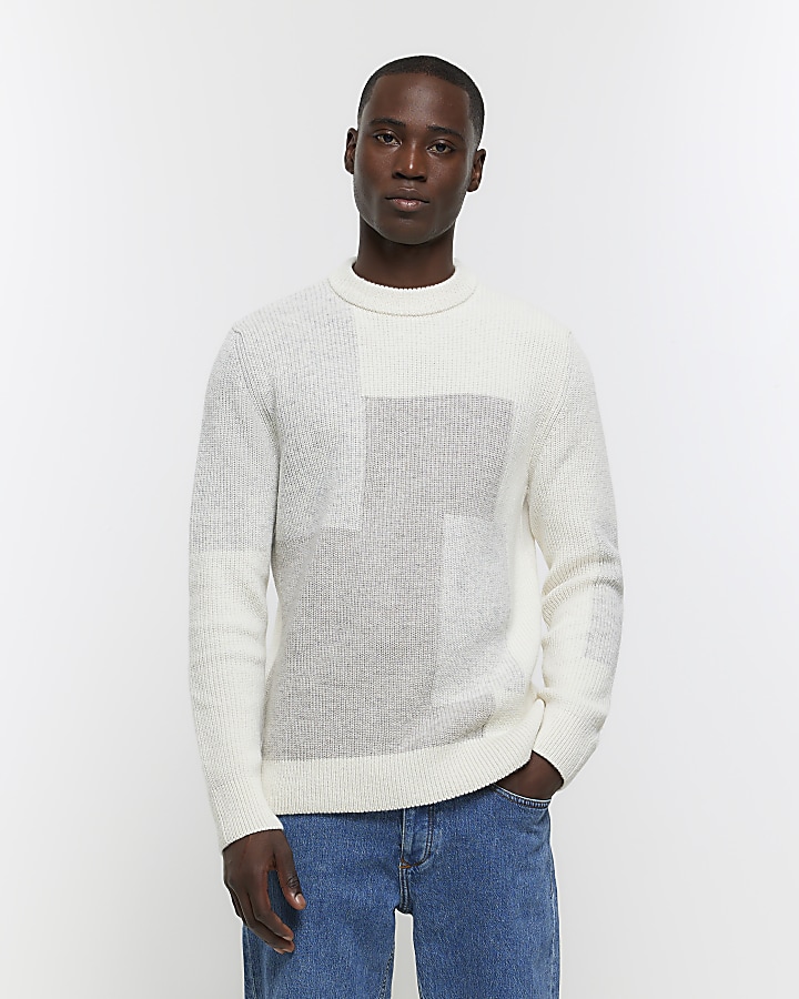 Ecru slim fit colour block jumper | River Island