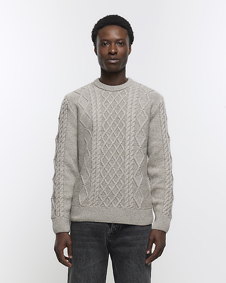 Stone slim fit cable knit jumper | River Island