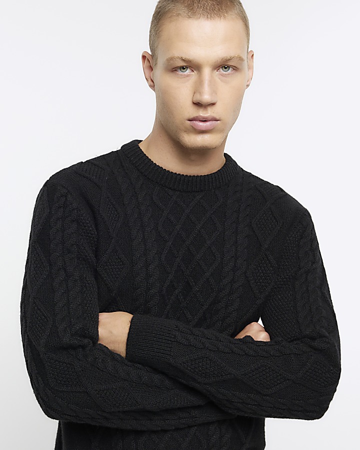 Black slim fit cable knit jumper